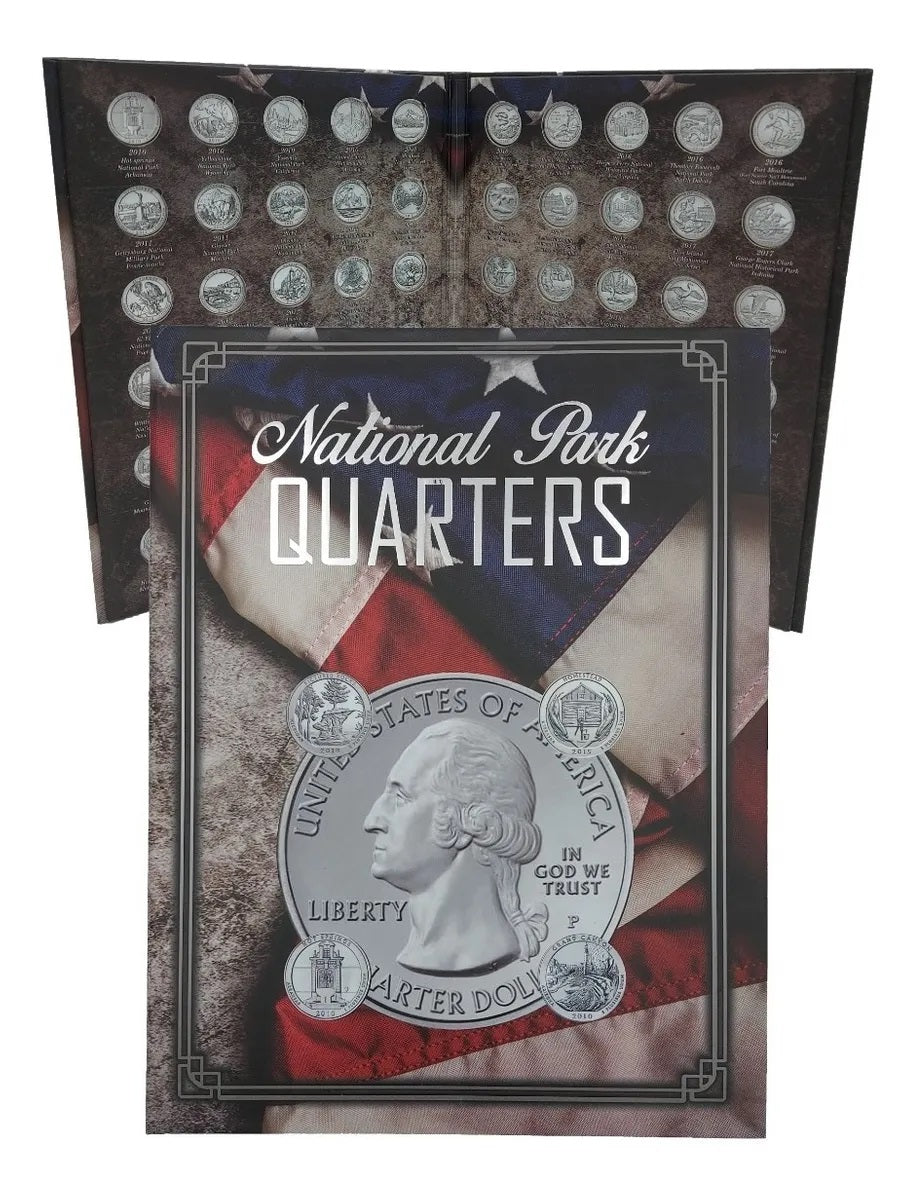 Álbum para monedas conmemorativas de un cuarto de dólar americano con imágenes de parques nacionales de EE.UU. (2010-2021), 60 espacios, hecho en México con gran calidad. Álbum para monedas conmemorativas de un cuarto de dólar americano con imágenes de parques nacionales de EE.UU. (2010-2021), 60 espacios, hecho en México con gran calidad.